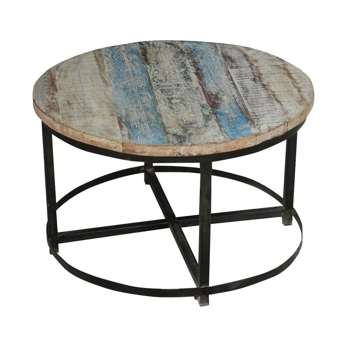 Bithlo Reclaimed Wood Top Round Industrial Coffee Table