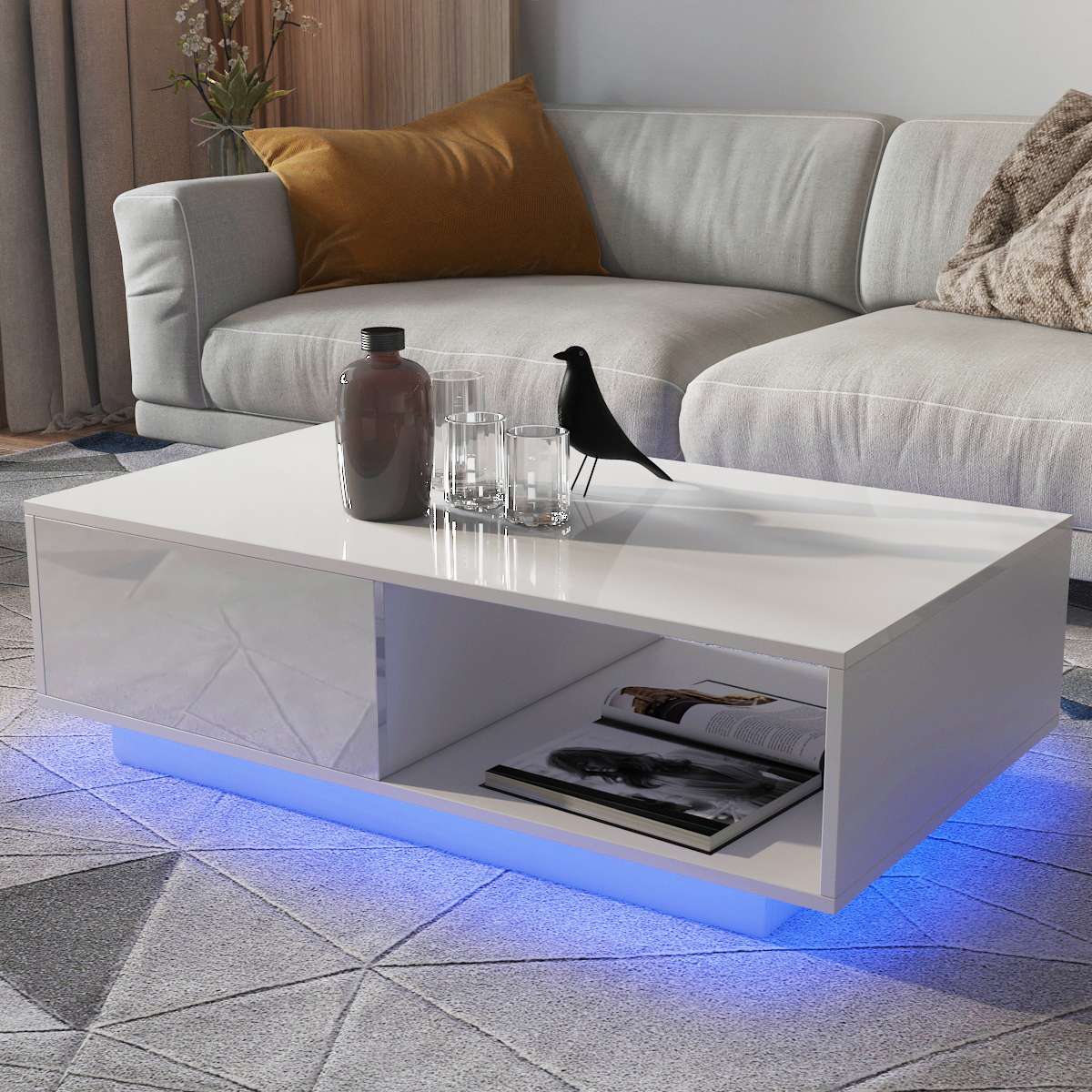 Coffee Table with RGB LED Lights, Modern Sofa Side End Table w/ 2 ...