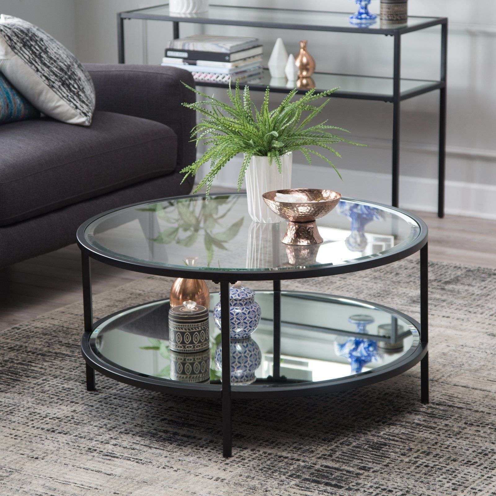 Contemporary Glam Metal Glass Modern Round Black Coffee Table w/ Shelf ...