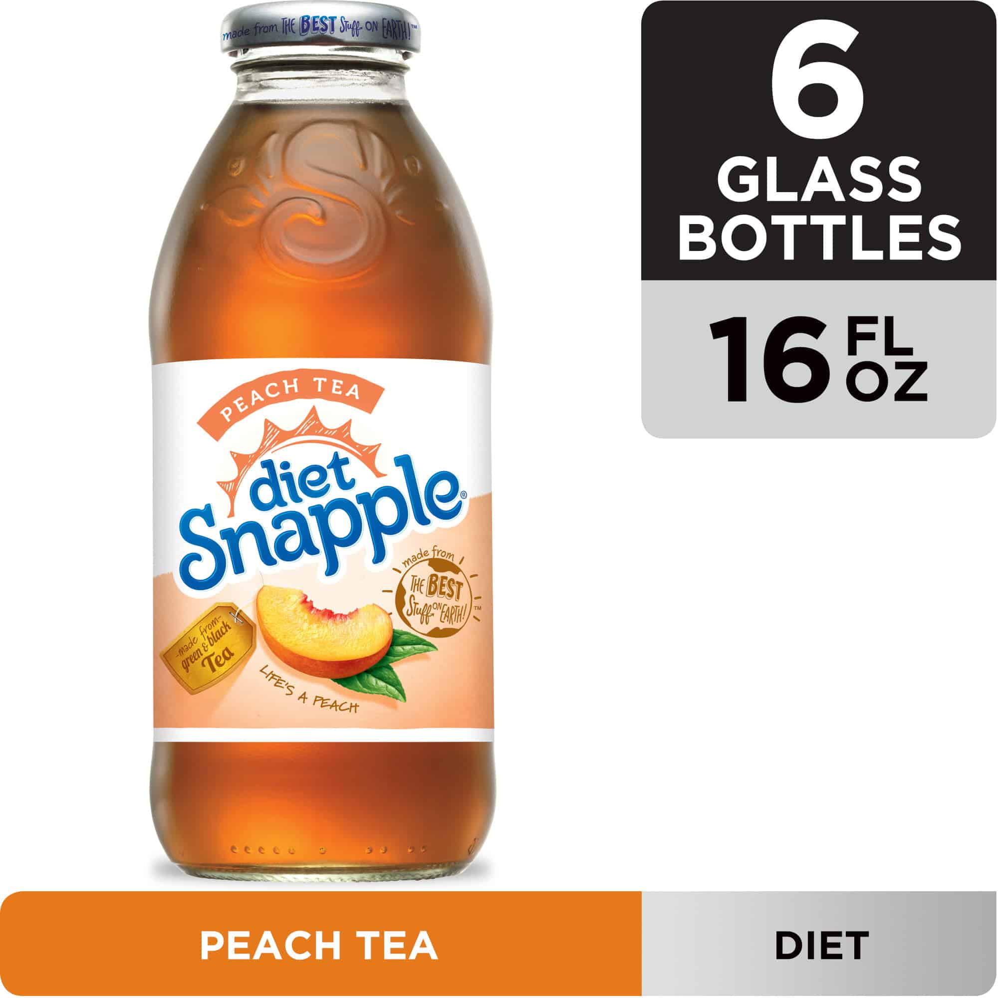 Diet Snapple Peach Tea, 16 fl oz glass bottles, 6 pack