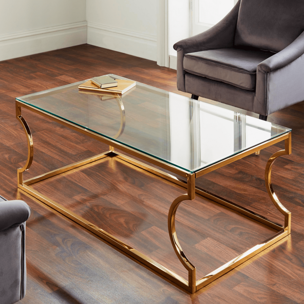 MODERN GOLD STAINLESS STEEL METAL CLEAR GLASS TOP COFFEE TABLE