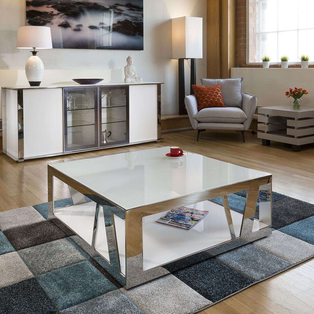 Modern Luxury Large Square White Coffee Table Glass, Stainless Steel V ...