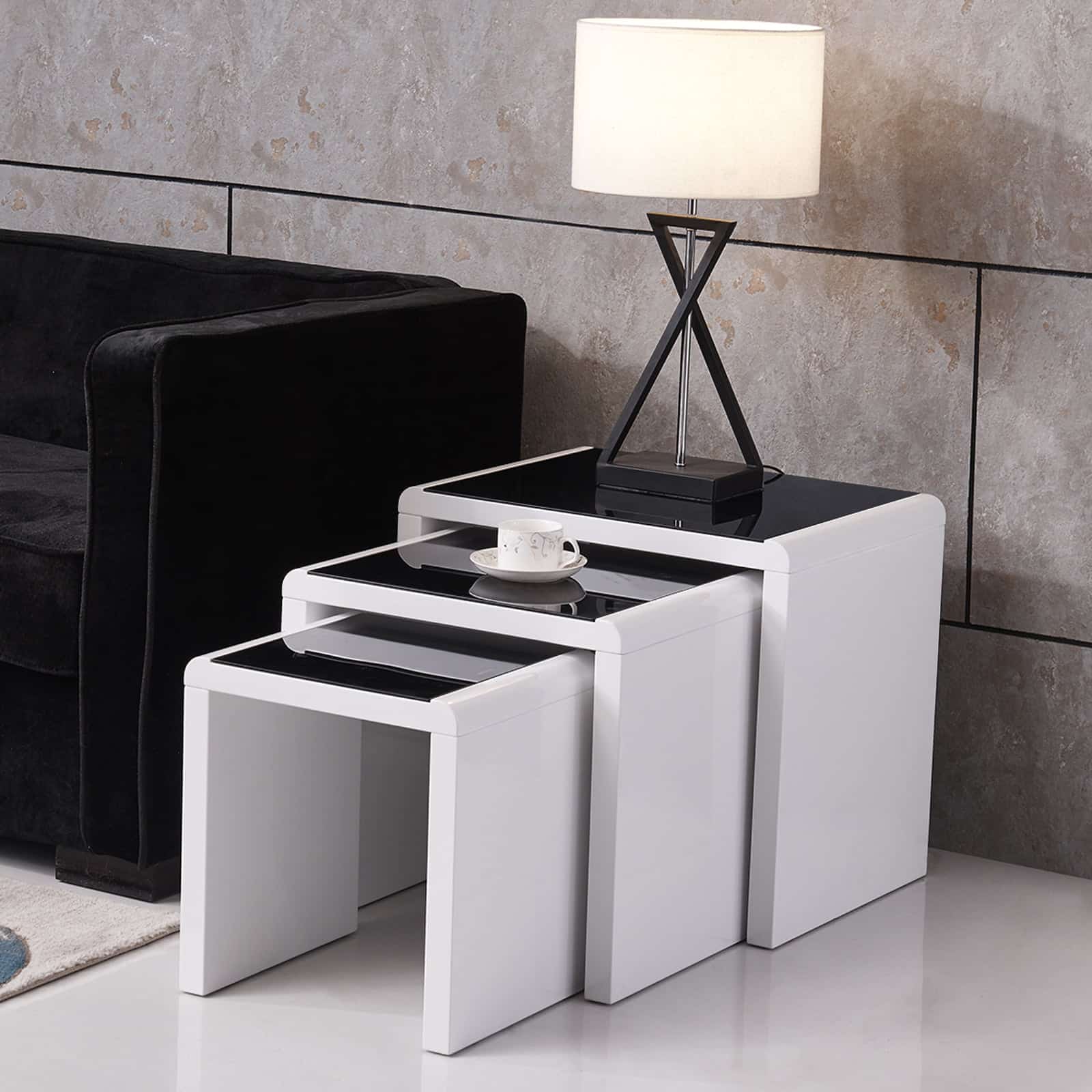 Modern Nest of 3 Coffee Table Side End Table High Gloss White Black ...