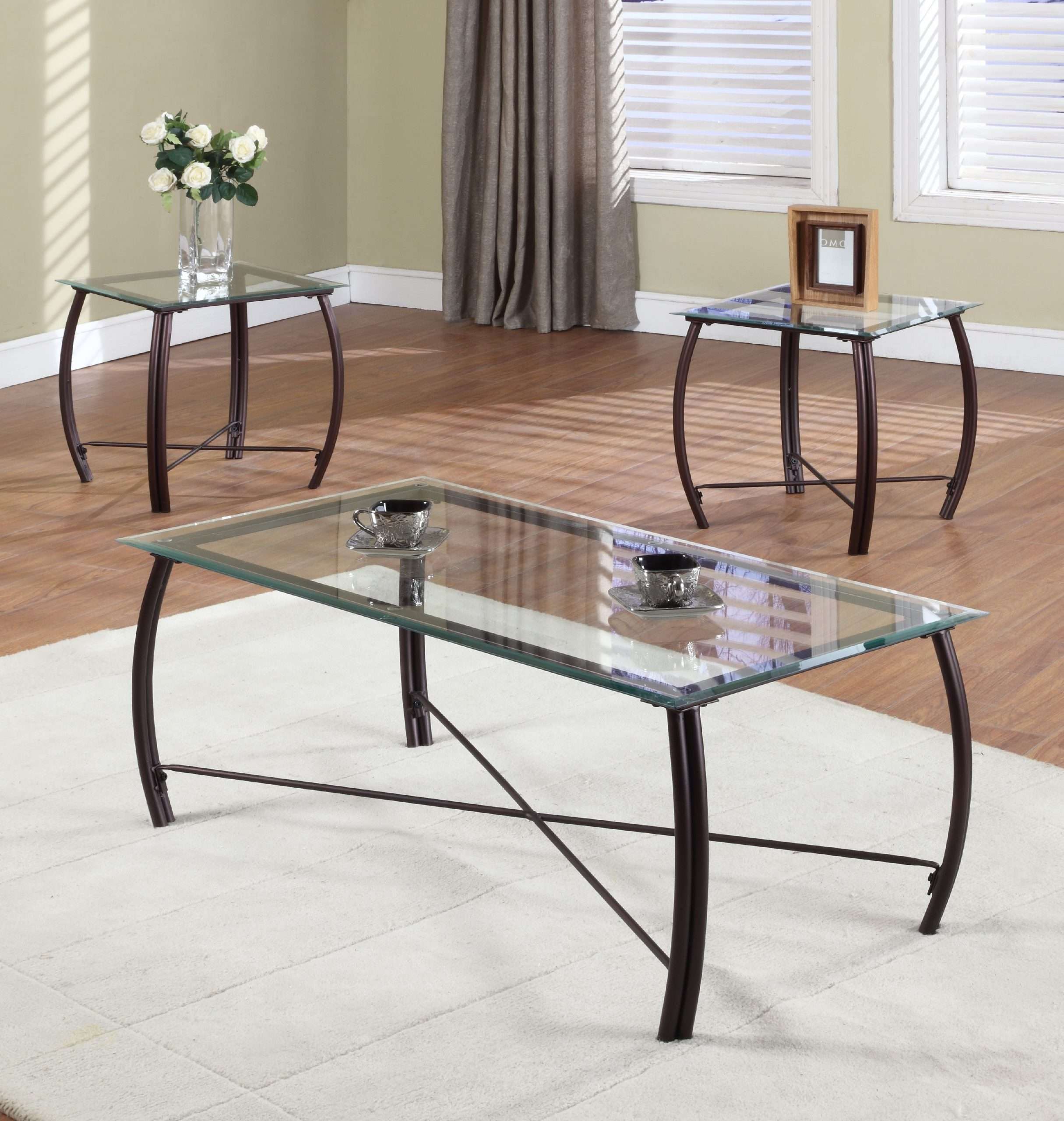 Paula 3 Piece Coffee Table Set, Copper Metal Frames &  Beveled Glass ...