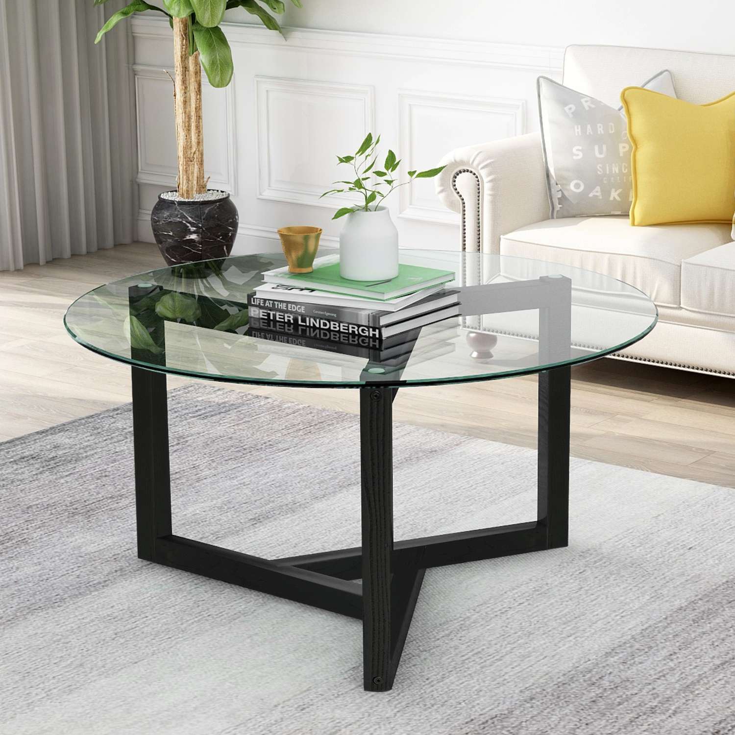 Round glass coffee table modern cocktail table Living room simple ...