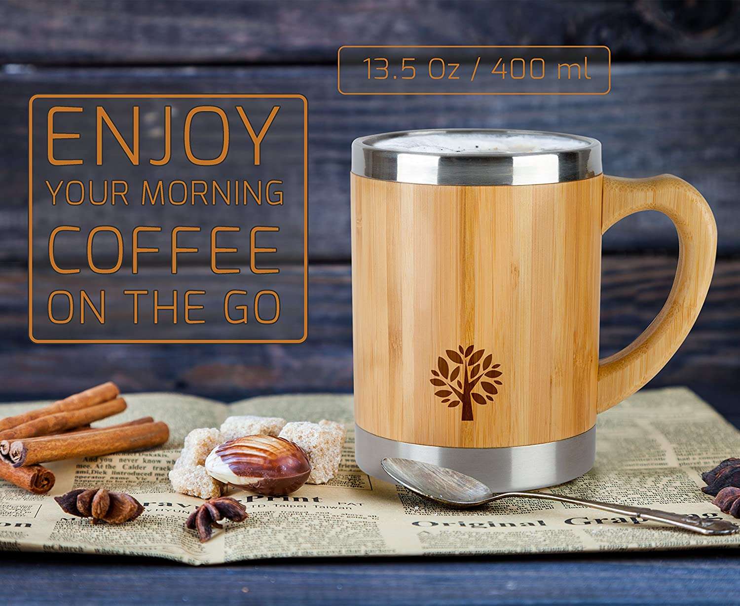 Unique Gift for Men &  Women Stainless Steel &  Bamboo Coffee Mug ...